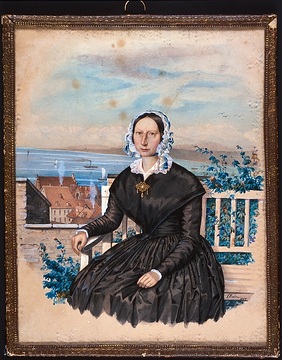 Ältere Frau vor Bodenseekulisse. Maria Anna (Jenny) Freifrau von Laßberg, geborene Freiin von Droste zu Hülshoff, geboren 02.06.1795, gestorben 1834. Gezeichnet F. Hahn 1847