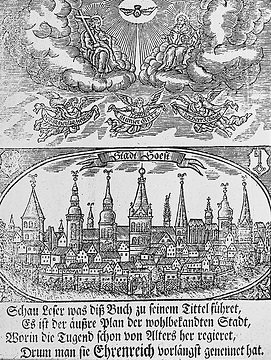 Soest, historische Stadtansicht von 1714, Titelbild auf dem Gesangsbuch des damaligen Stadtkonsistoriums