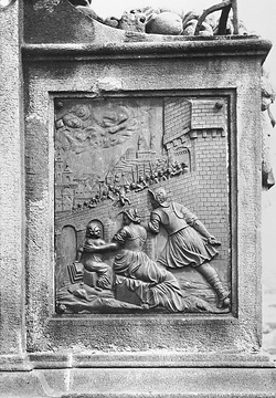 Tötung des Hl. Nepomuk 1393, Relief am Sockel der Nepomukstatue auf der Prager Karlsbrücke (undatiert)