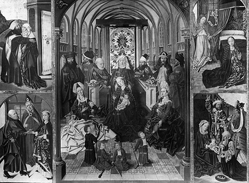 Tafelgemälde des "Sippenaltars" in der Kirche St. Maria zur Wiese, Soester Meister, um 1473, Aufnahmedatum der Fotografie ca. 1913.