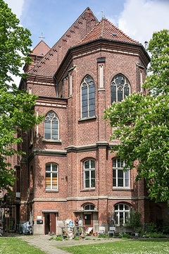 Wettringen, Kunstkirche am St. Josefshaus: Blick von der Chorseite, die heute den Eingang zum Künstleratelier „AtelierKargel“ beherbergt.