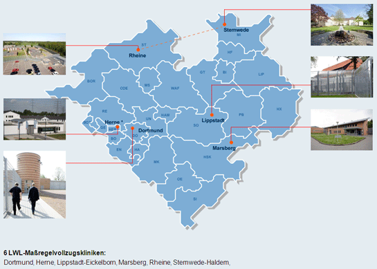 Grafik: Übersichtskarte Maßregelvollzug im Bereich des LWL Grafik: Übersichtskarte Maßregelvollzug im Bereich des LWL