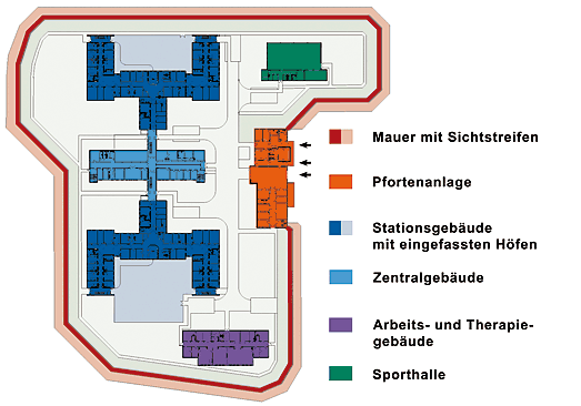 Grundriss des Klinikareals mit farbig zugeordneten Bereichen