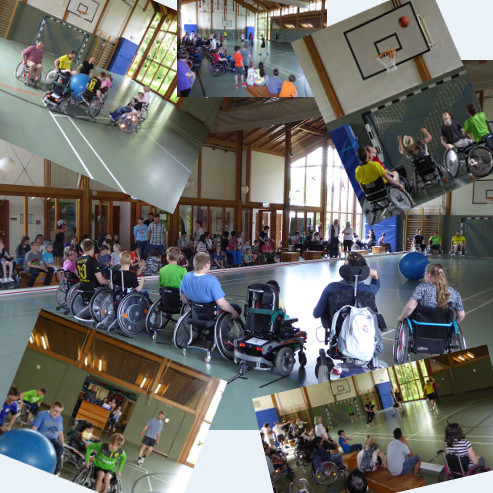 Schüler warten auf den Anpfiff. Bilder von Riesenball, Rollstuhlbasketball und Fußball. Schüler warten auf den Anpfiff. Bilder von Riesenball, Rollstuhlbasketball und Fußball.