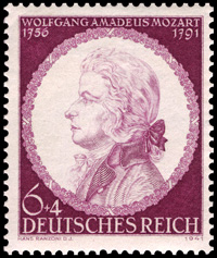 Briefmarkenausgabe des Deutsches Reichs zum 150. Todestag von Mozart, 28.11.1941 / Quelle: Wikimedia Commons PD