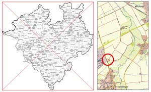 Mittelpunkt eines Rechteckes, Berechnung geographischer Koordinaten (Kartengrundlagen: links: Geographische Kommission für Westfalen, rechts: Landesvermessungsamt NRW)