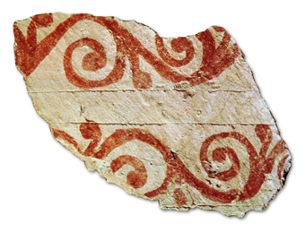 Ein Fragment von Wandmalerei mit roten Ranken aus der Pfalz Karls des Grzo�en.