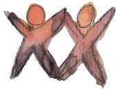 Logo des Vereins, es zeigt zwei Stirchmenschen die sich stützen Logo des Vereins, es zeigt zwei Stirchmenschen die sich stützen