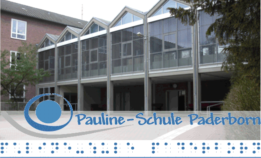 Logo der Pauline Schule Paderborn und Teil des Schulgebäudes