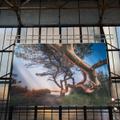 Vor der Fensterfront einer Industriehalle hängt ein großes Foto, dass ein Naturmotiv zeigt. (vergrößerte Bildansicht wird geöffnet)