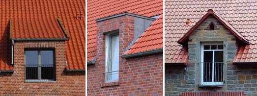 Dachaufbauten in unterschiedlichen Formen, welche die Traufe durchstoen und das Material der Auenwand beibehalten