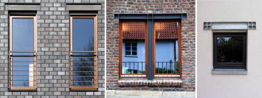 Unterschiedliche Fenstergrößen in Klinker, Backstein und Putzwänden mit einem sichtbaren Stahlträger als Sturz