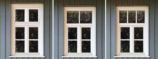Holzfenster mit unterschiedlichen Sprossenteilungen in einem Gebude