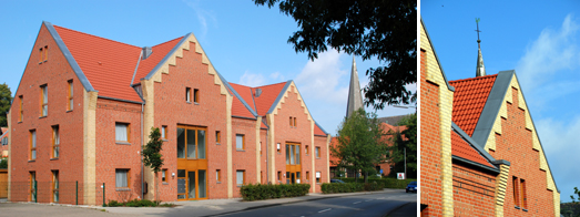 Nord- und Ostansichten der Neubauten sowie Trauf- und Ortgangdetail am Neubau