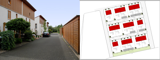 Erschlieungsweg mit Nordfassaden und Gartenhuser und Lageplan