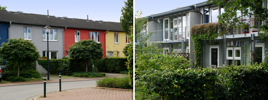 Straenseite mit Bumen, Mauern, Hecken und Stellpltzen; Gartenseite