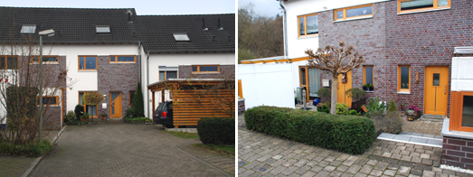 Ostfassade der Reihenhuser; Vorgarten und Hauseingange eines Doppelhauses