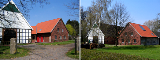 Hofzufahrt; Giebelseten des Haupthauses und Stallgebudes