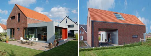 Wohnraumbox mit der Terrasse liegt im Sdwesten des Grndstckes; Nordostseite mit Blick auf den berdachten Stellplatz  Bruening+Hart Architekten GbR