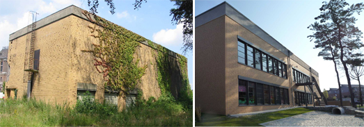 Rck- und Seitenfassade vor und nach Umbau und Sanierung  Voss + Graue Generalbau GmbH & Co. KG