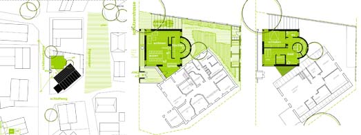 Lageplan; Erd- und Obergeschoßgrundriss © Eckhard Frodermann Architekt BDA