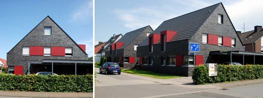 Westseite und Straenseite der Doppelhuser
