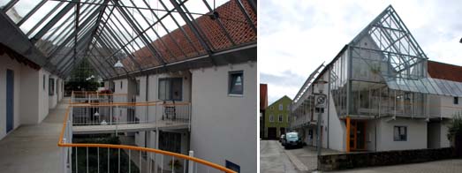 berdachte Laubengnge und Treppen erschliessen die Wohnungen