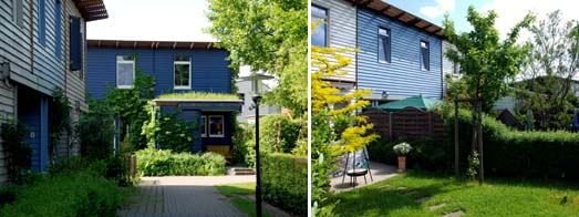 Gebudefassaden am Fuweg und zum Garten