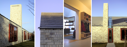Bilderkollage zeigt traditionelle Kubatur; traditionelles Material; Kamin als zeichenhaftes Element der Sdfassade; Rume entwickeln sich vertikal in die Dachschrge