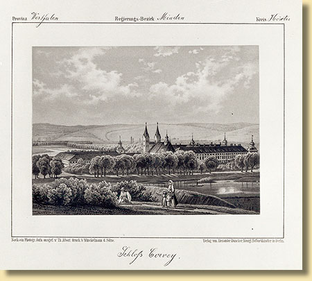 Gesamtansicht von Schloss Corvey an der Weser, um 1850/60