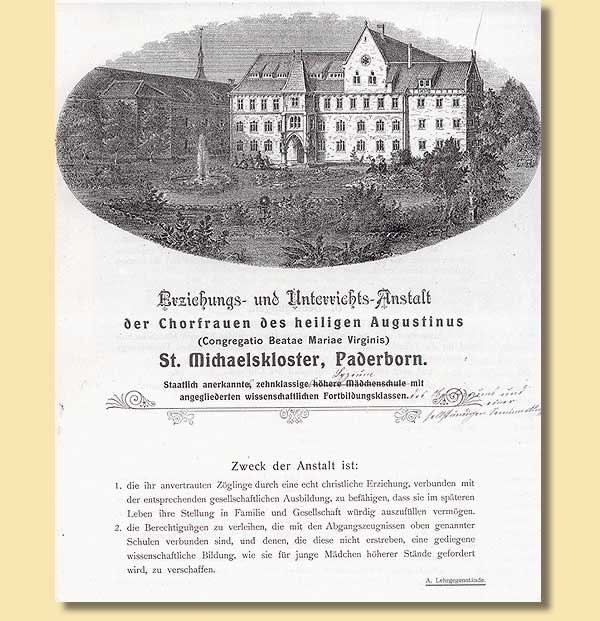 Informationsbogen ber die Erziehungs- und Unterrichtsanstalt des St. Michaelsklosters in Paderborn, Ende 19. Jahrhundert