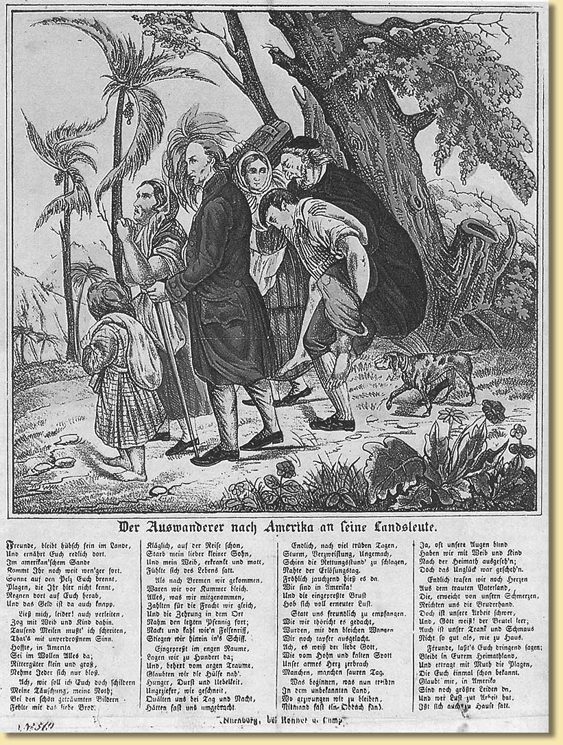 Der Auswanderer nach Amerika an seine Landsleute, Karikatur um 1845