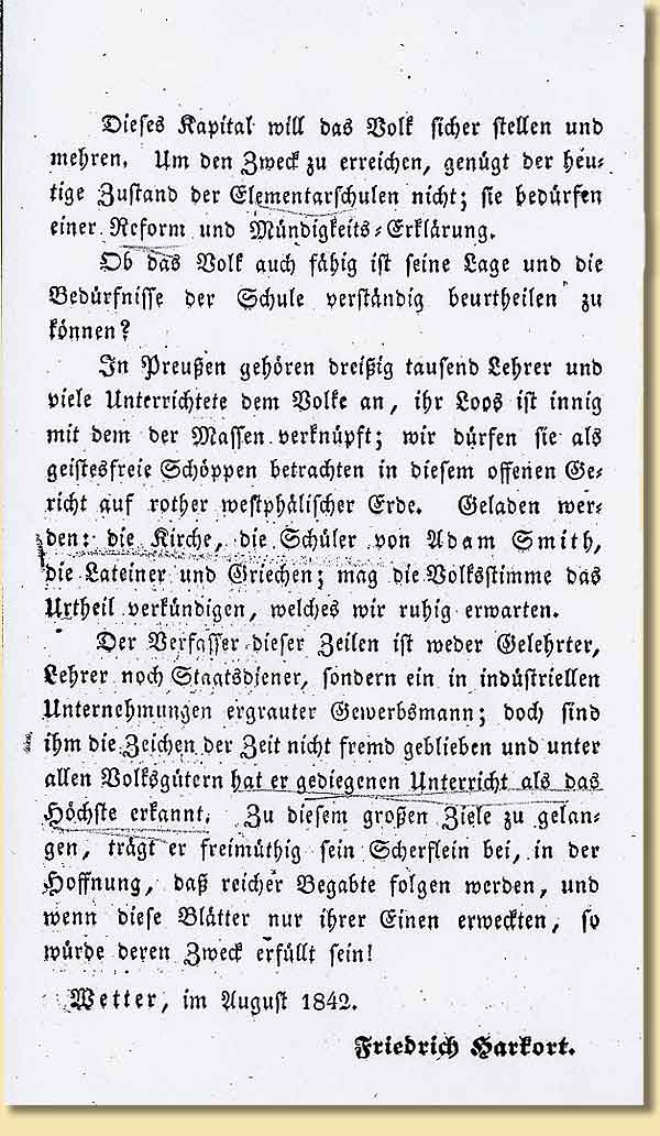 Vorwort aus Friedrich Harkorts „Bemerkungen über die Preußische Volksschule und ihre Lehrer“, 1842