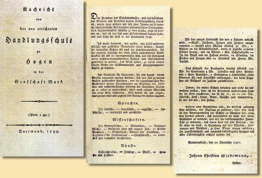 Johann Christian Wiedemann, Nachricht von der neu errichteten Handlungsschule zu Hagen ..., 1797