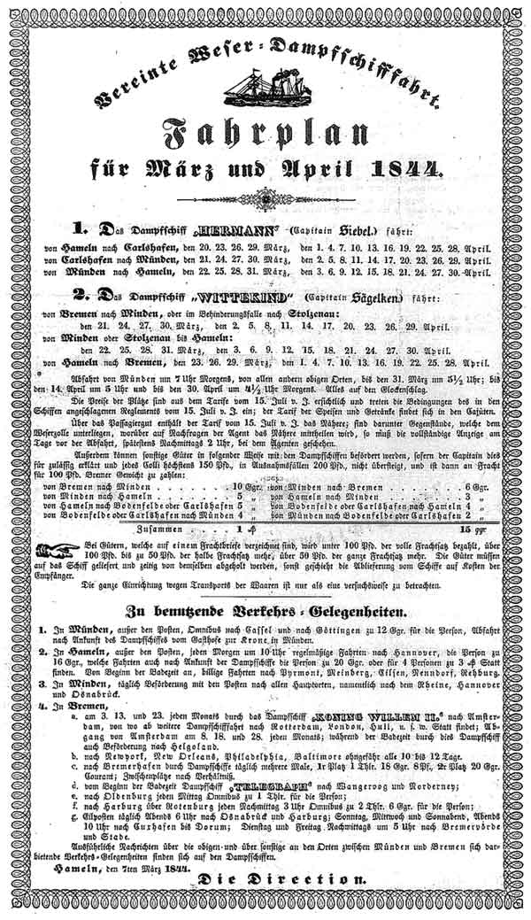 Fahrplan der Weser-Dampfschifffahrt, 1844