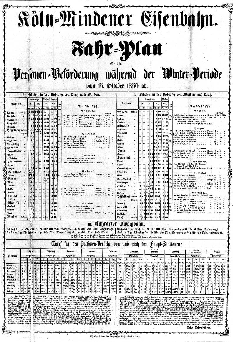 Der Fahrplan der Kln-Mindener Eisenbahn, 1850