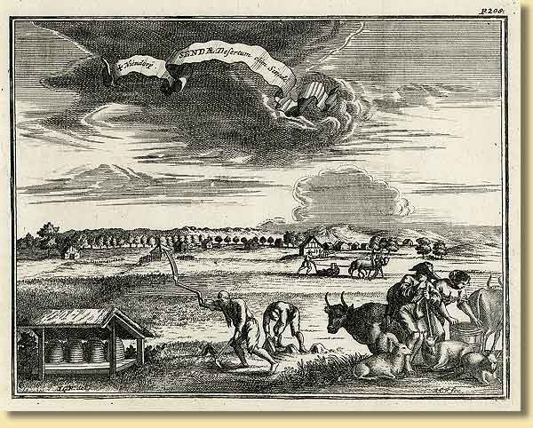 Landwirtschaftliche Ttigkkeiten mit Dorfansicht von Hvelhof in der Senne, 1713