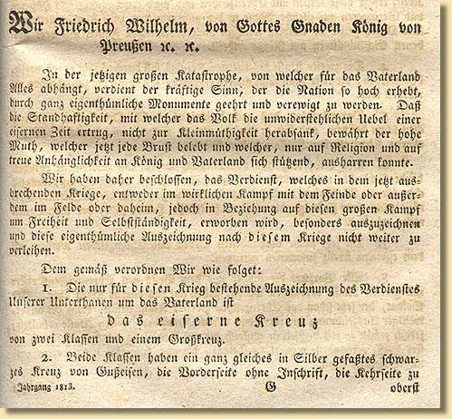 Urkunde ber die Stiftung des eisernen Kreuzes, 10.3.1813