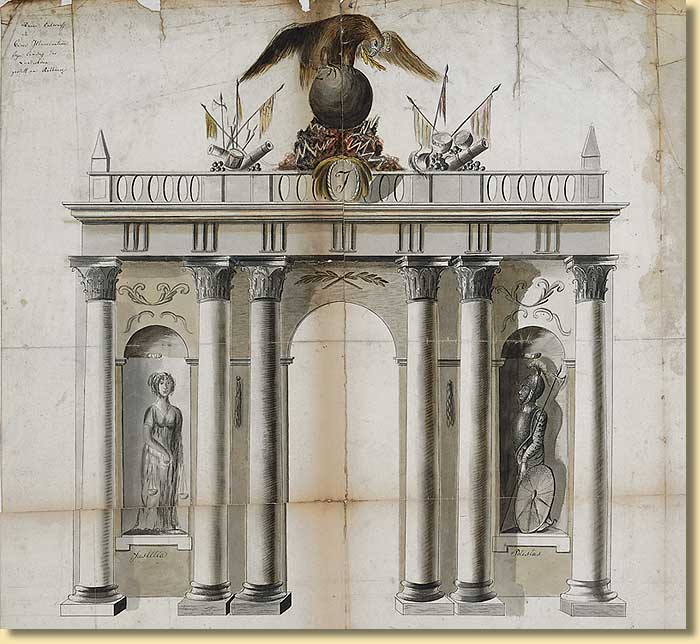 Entwurf eines Triumphbogens zur Huldigung des Groherzogs von Berg, Joachim Murat, am Rathaus in Mnster, 1808