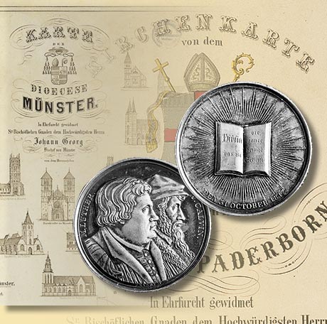 Collage: offizielle Medaille auf die evangelische Union in Preußen mit zwei Karten der beiden neugebildeten katholischen Bistümer in Westfalen, 1817 – 1860/1850