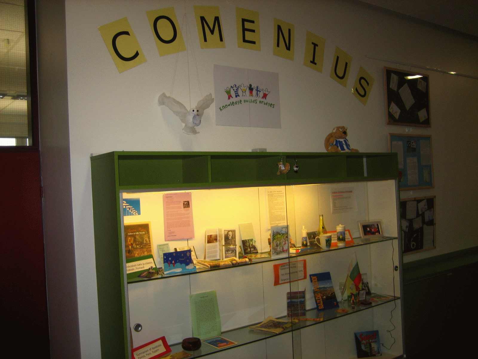 A wall with a glkass cupboard in front. In the cupboard you can see the souvenirs and presents of our partners!