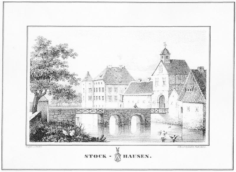 Haus Stockhausen von Nordosten
(Lithographie Friedrich Wilhelm Stüver,  P. Herle 1837-40)