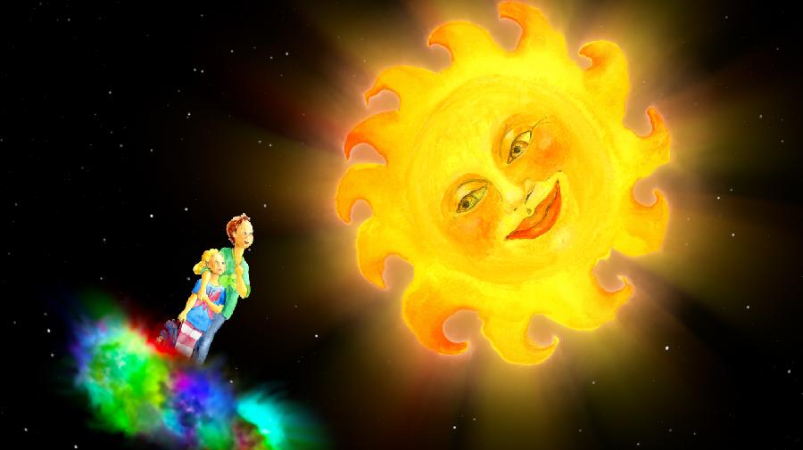 Die Geschwister Lilly und Tom auf einer bunten Zauberwolke sprechen mit der freundlichen Sonne.
