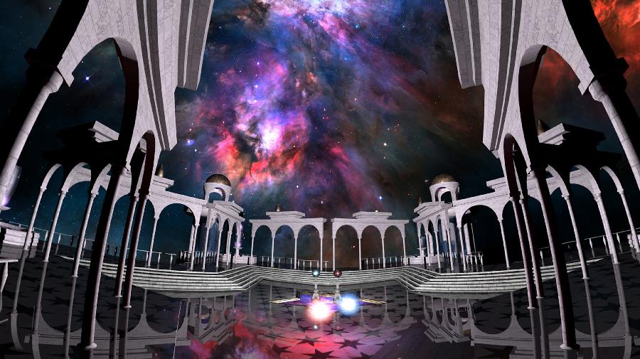Ein spiegelnder Platz mit Bogengängen und Treppen, im Hintergrund ein kosmischer Nebel.