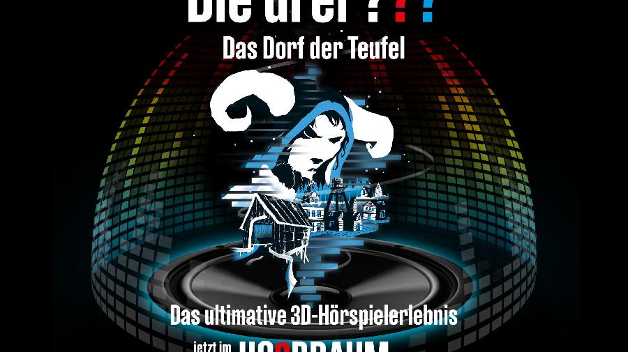 Plakat zum Hörspiel mit Schriftzug "Die drei ???", Graphiken von Dome, Häusern und Gruselgesicht.