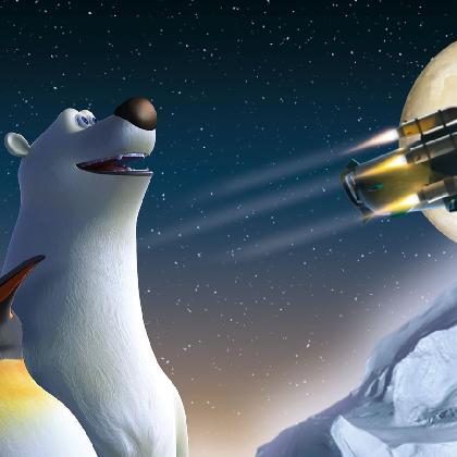 Pinguin James und Eisbär Vladimir bestaunen den Sternenhimmel. Ein Raumschiff fliegt am Mond vorbei.
