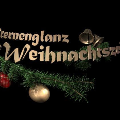 Schriftzug "Sternenglanz zur Weihnachtszeit" und darunter ein Zweig Tannengrün mit goldener Kugel.