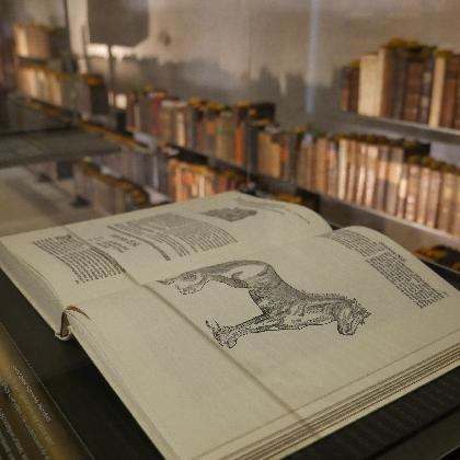 Ein altes Buch in der historischen Bibliothek des Klosters Dalheim