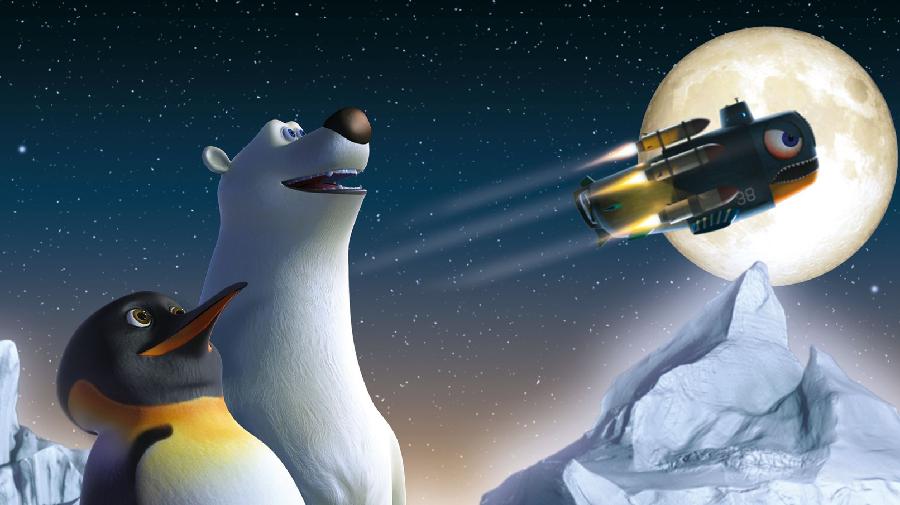 Pinguin James und Eisbär Vladimir bestaunen den Sternenhimmel. Ein Raumschiff fliegt am Mond vorbei.