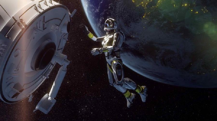 Ein Astronaut schwebt im Weltraum neben einem Raumschiff. Im Hintergrund ein Teil des Planeten Erde.